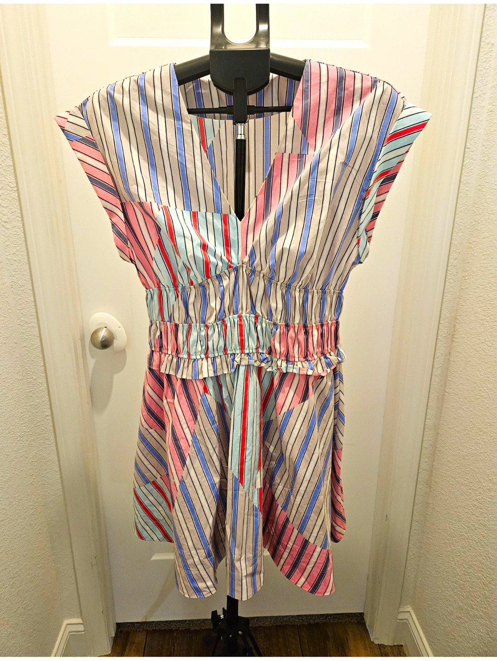 Anthropologie Women’s Striped V-Neck Cap Sleeve Ruffle A-Line Dress M Cotton